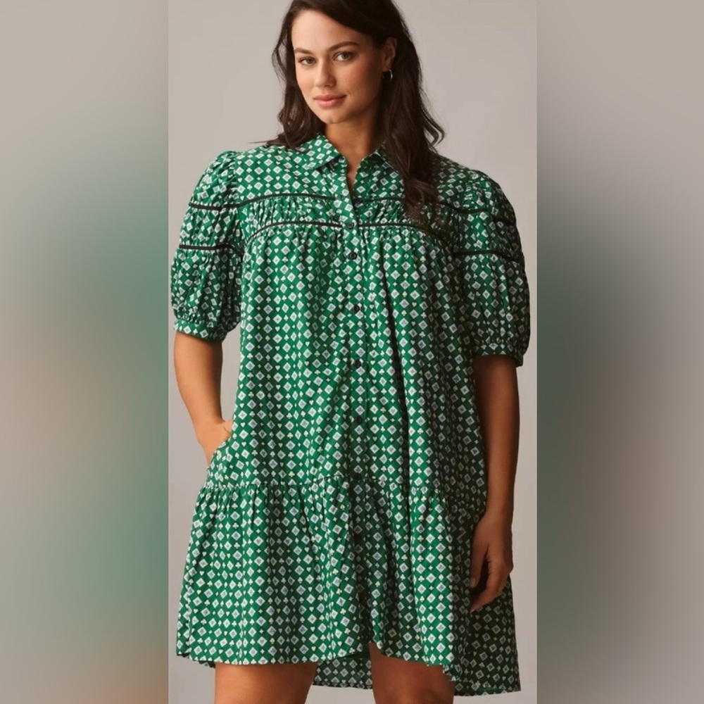 Maeve Green Mini Dress with White Geometric Print